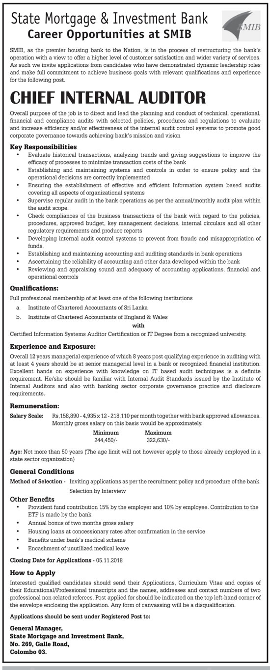 Chief Internal Auditor - State Mortgage & Investment Bank